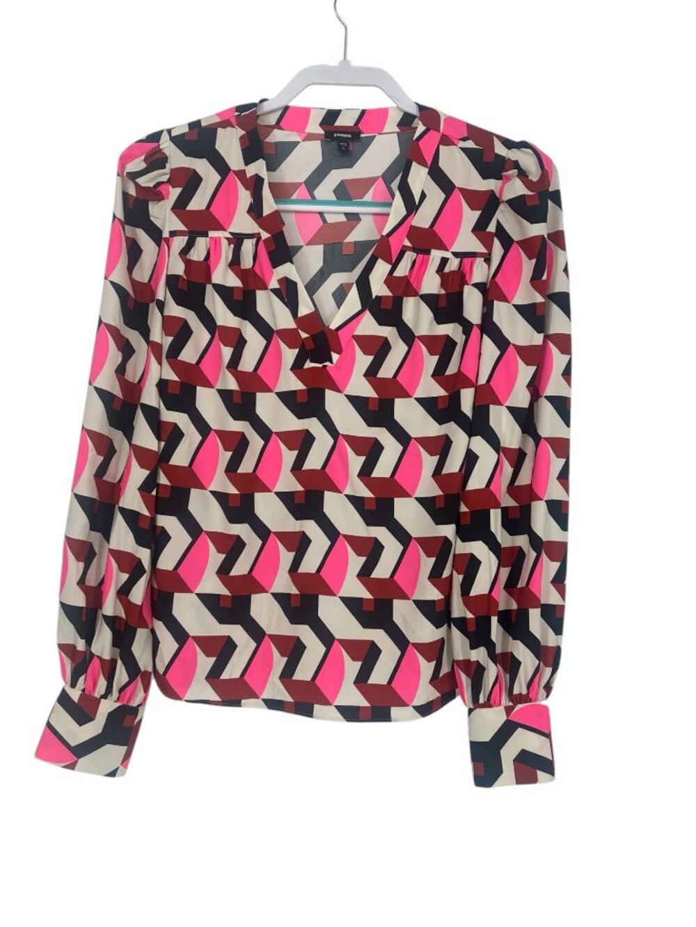 Express Blouse XS Pink Black Geometric Abstract Split Neck Long Sleeve Retro Mod